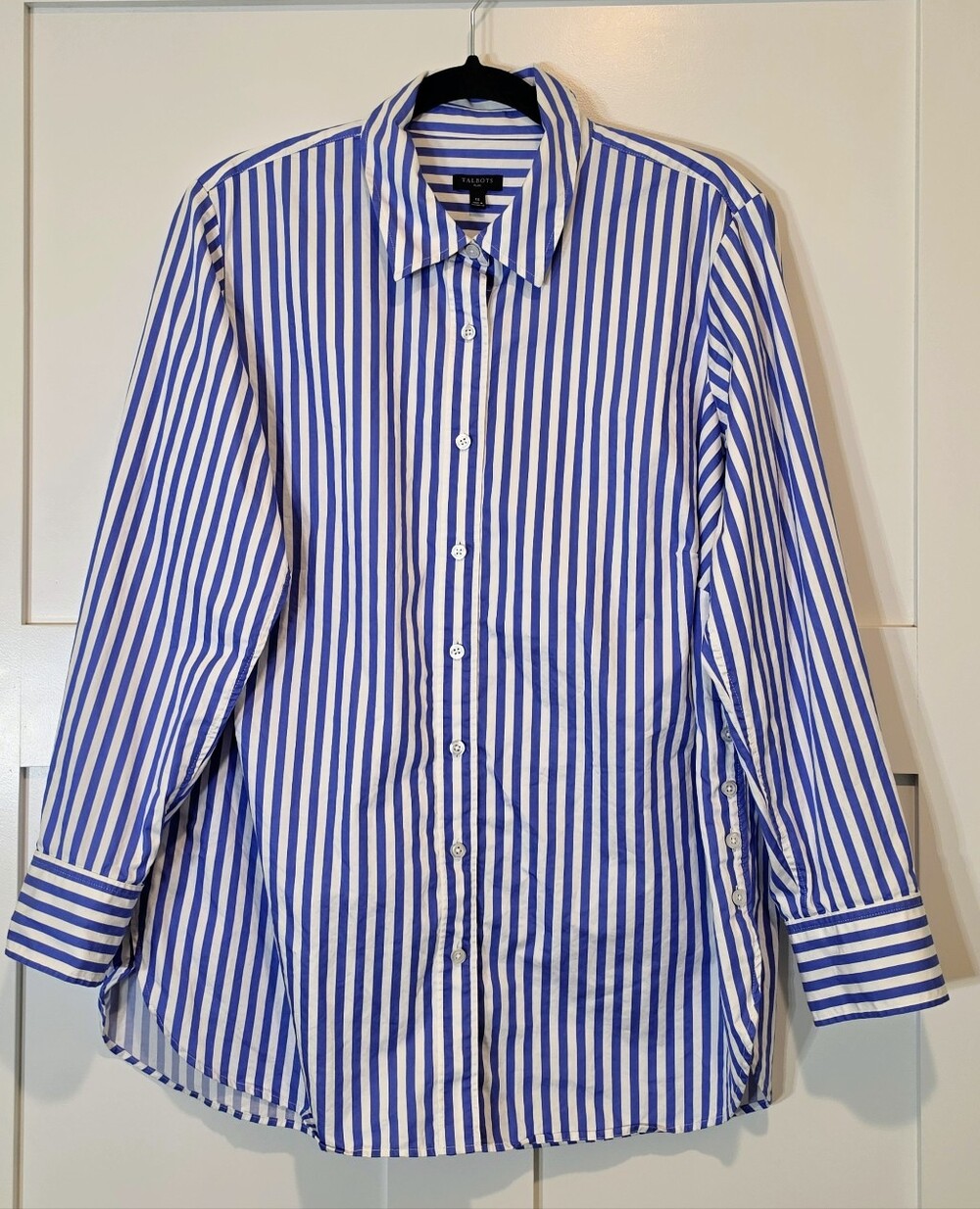 Talbots Side Button Boyfriend Button Down Shirt Blue White Vertical Stripes 1X